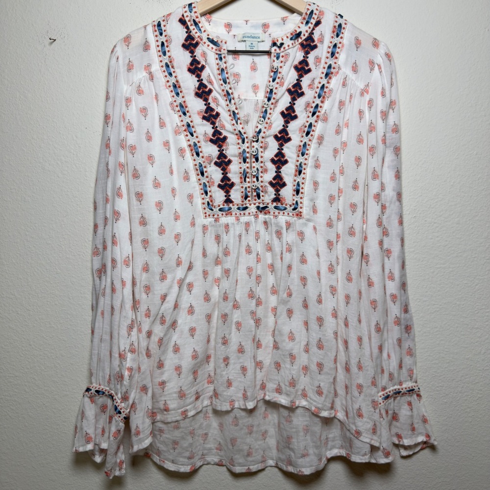Sundance Women 100% Cotton Blouse Medium White Embroidered Boho Peasant Top